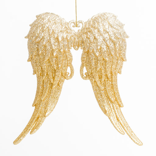 an angel wings ornament with gold glitter and a small heart at the top to hold the gold cord string