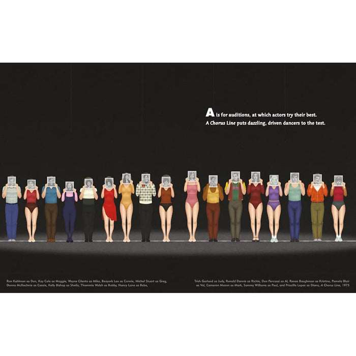 inside "B is for Broadway" showing an illustration of a line of dancers at an audition covering their faces with headshots.