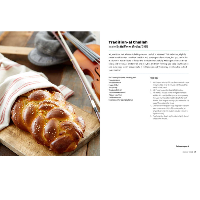 inside "Break an Egg!" showing a Fiddler on the Roof inspired Challah bread on a wooden dish with the recipe on the right page.