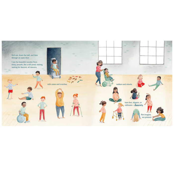inside "I will Dance" showing a two-page scene of a girl in a wheelchair seeing children of all abilities learning to dance