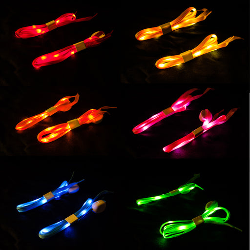 Red, Yellow, Orange, Pink, Blue, and Green LED Shoelace sets shown together