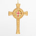 a detailed gold cross ornament with a circular warm-tone mosaic design in the center with a red cross