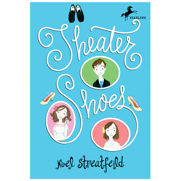 the "Theater Shoes" book cover with a blue background, 2 pairs of shoes, and illustrations of 2 girls and 1 boy.