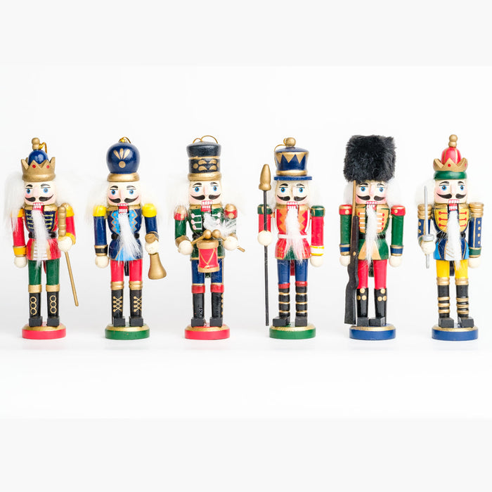 a set of 6 traditional nutcracker ornaments with 1 king and 5 soldiers