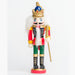 a nutcracker king ornament wearing a red & green uniform and a blue & gold crown, holding a gold scepter
