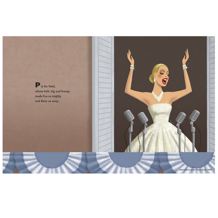 inside "A is for Audra" showing an illustration of Patti LuPone in a white sparkly gown singing into 4 silver microphones 