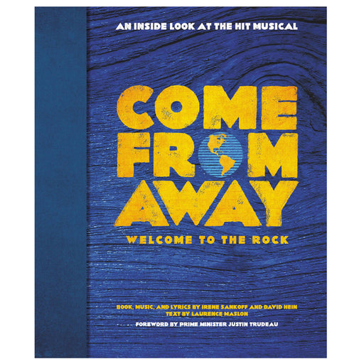 The book cover  for "Come From Away" with a blue wood patterned background and a globe. 