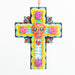 a black blue & yellow cross ornament with glitter accents, pink and purple roses, and a red sugar skull in the center.