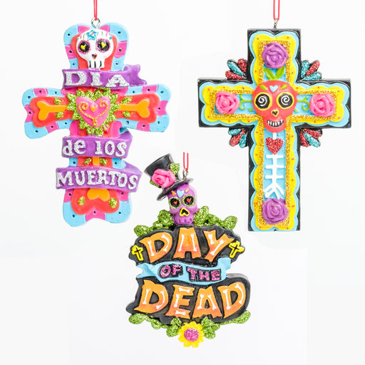 3 Dia de los Muertos glittery ornaments shown together