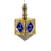 a 3-quarter view of a gold dreidel ornament with blue and gold Hanukkah symbols on it