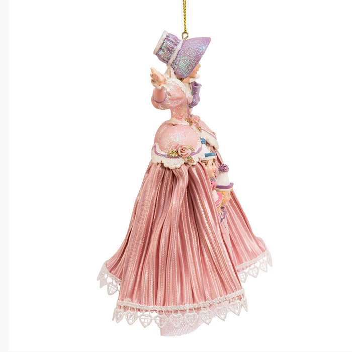 the left side view of the mother Ginger ornament in a pink gown, with the 3 children sticking out of her dress