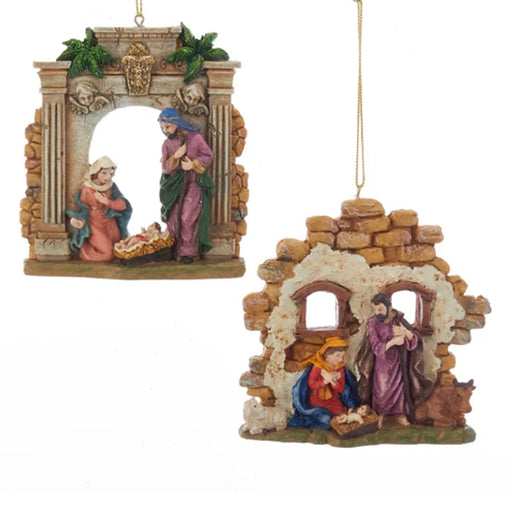 2 nativity scene ornaments with Mary, Joseph, and baby Jesus shown together
