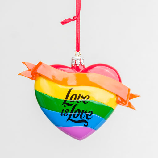 a Pride rainbow striped heart ornament with "Love is Love" written in black and the orange stripe extending into a banner