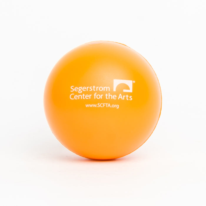 An Orange Stress Ball with the full Segerstrom Center for the Arts logo and www.SCFTA.org in White.
