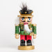 a short soldier nutcracker with a gold and silver sword, wearing a green and red glitter outfit and a black hat